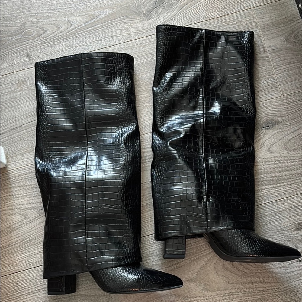 Public Desire Black Croc Over the Knee Boots